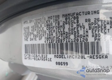 2001 Toyota Avalon Xls from USA, damaged, VIN 4T1BF28B71U120120
